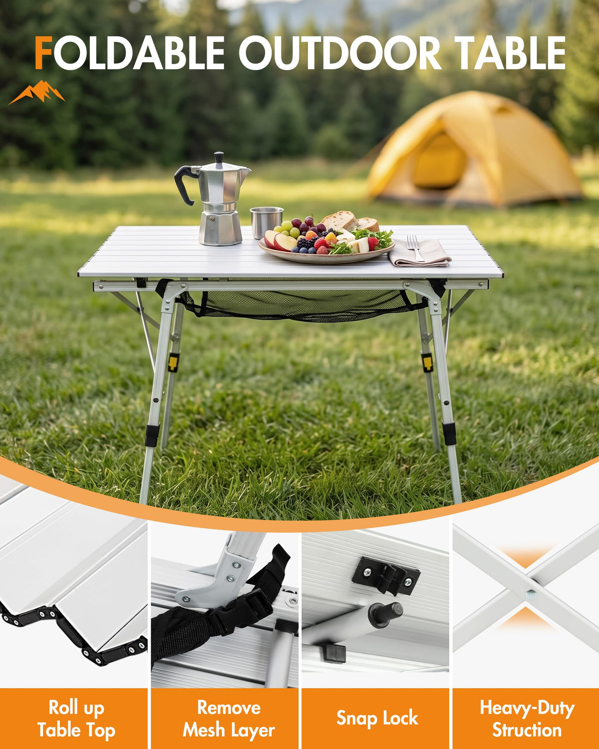 Folding Portable Camping Table with Adjustable Height Aluminum Roll Up Top B49761