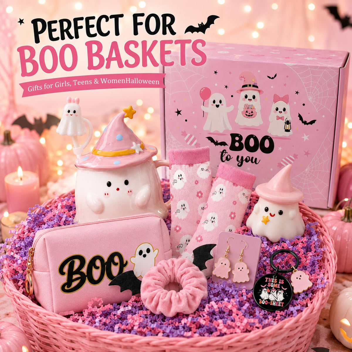 Pink Halloween Boo Basket Set with 14oz Cups A51833