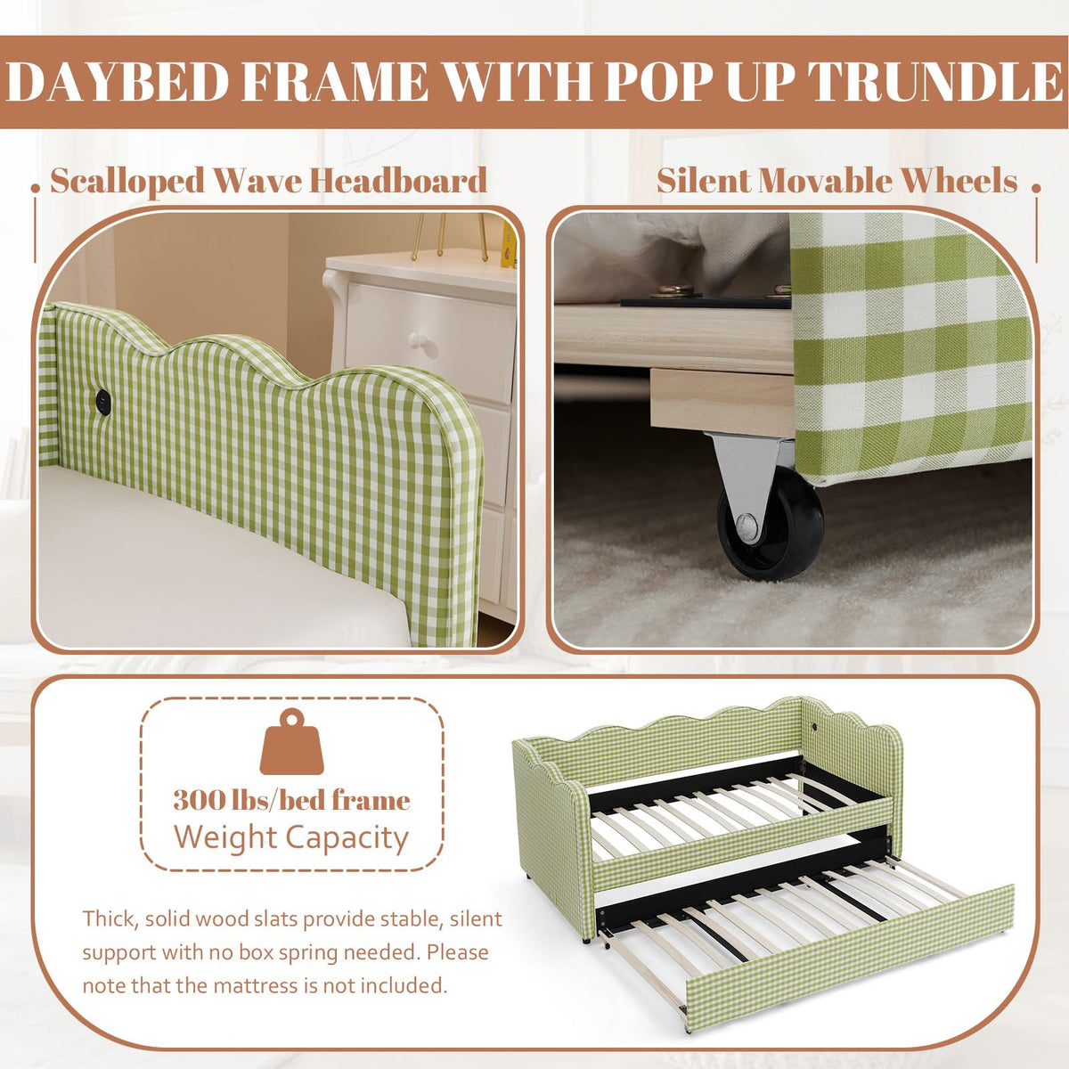 81-inch Twin to King Size Gingham Linen Upholstered Daybed with USB Charging Ports B310847