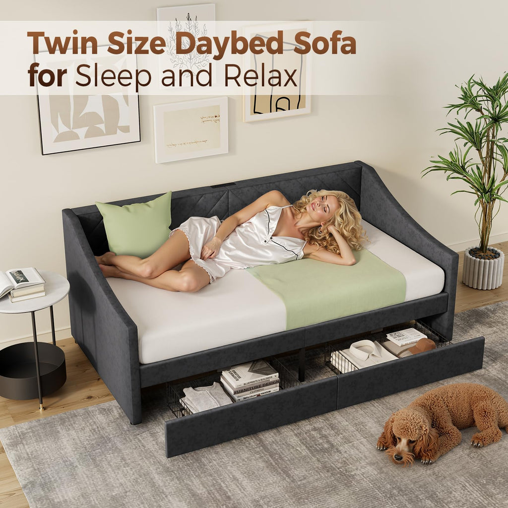 Twin Size Upholstered Daybed with 2 Storage Drawers Y4764