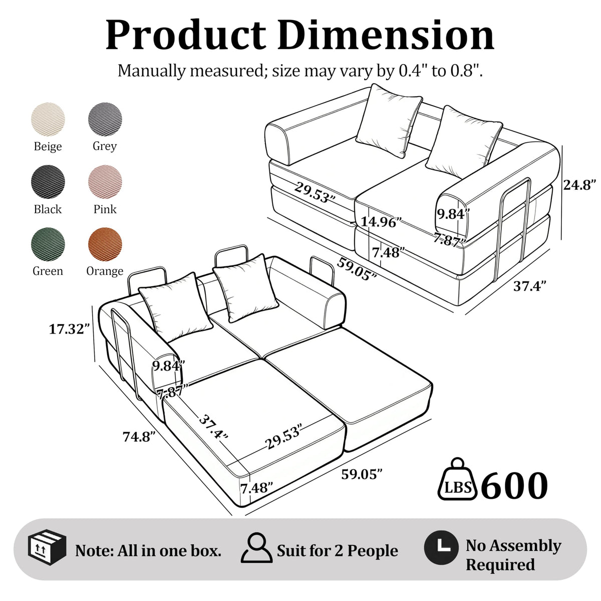 Green Corduroy Convertible Sofa Bed with 2 Pillows W79545