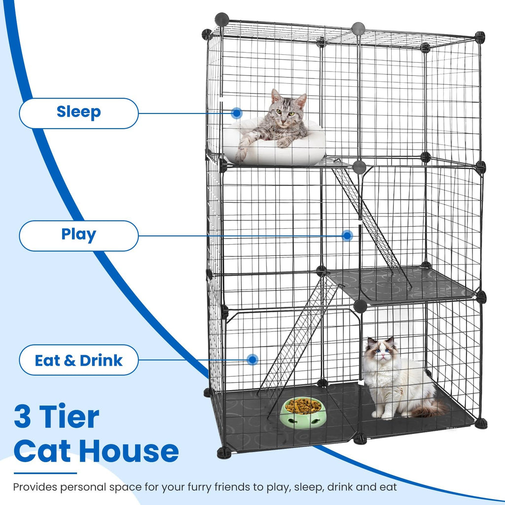 3 Tier Metal Cat Playpen Cage with 3 Doors 2 Ladders Y717046