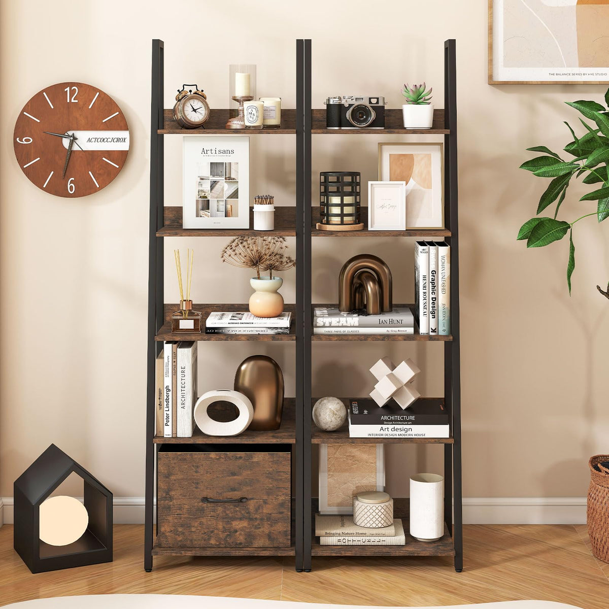 5-Tier Ladder Bookshelf with Fabric Drawer S860