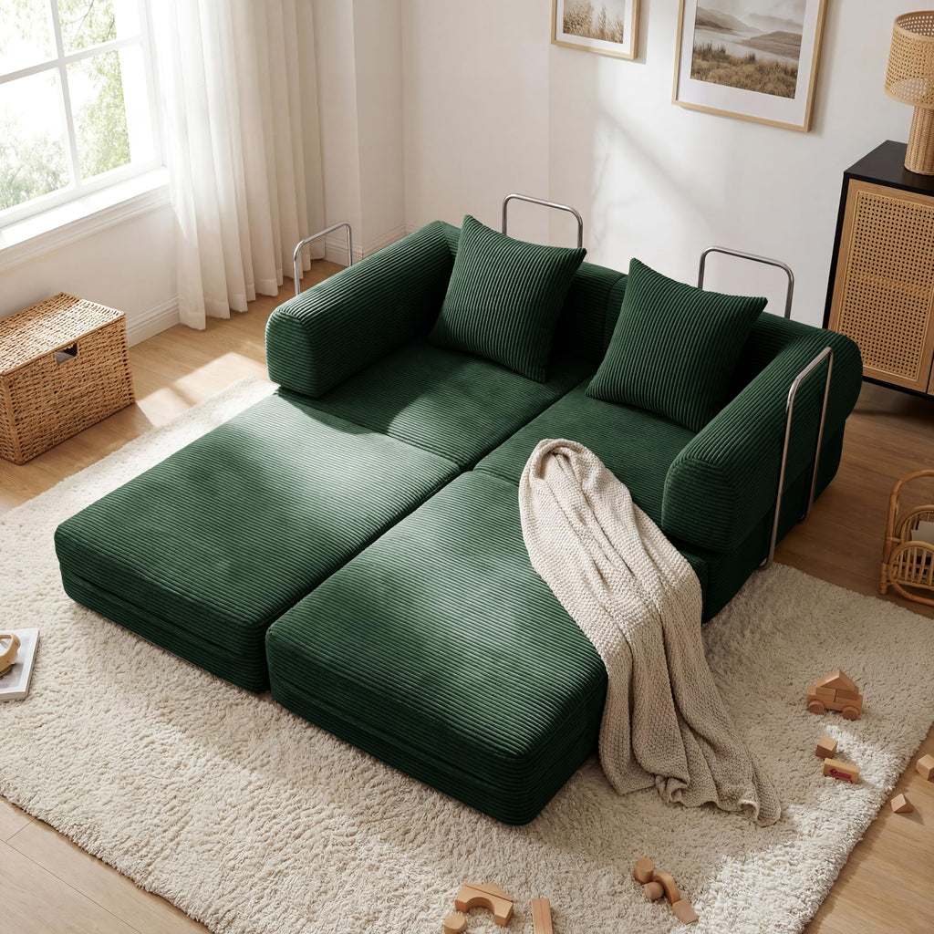 Green Corduroy Convertible Sofa Bed with 2 Pillows W79545