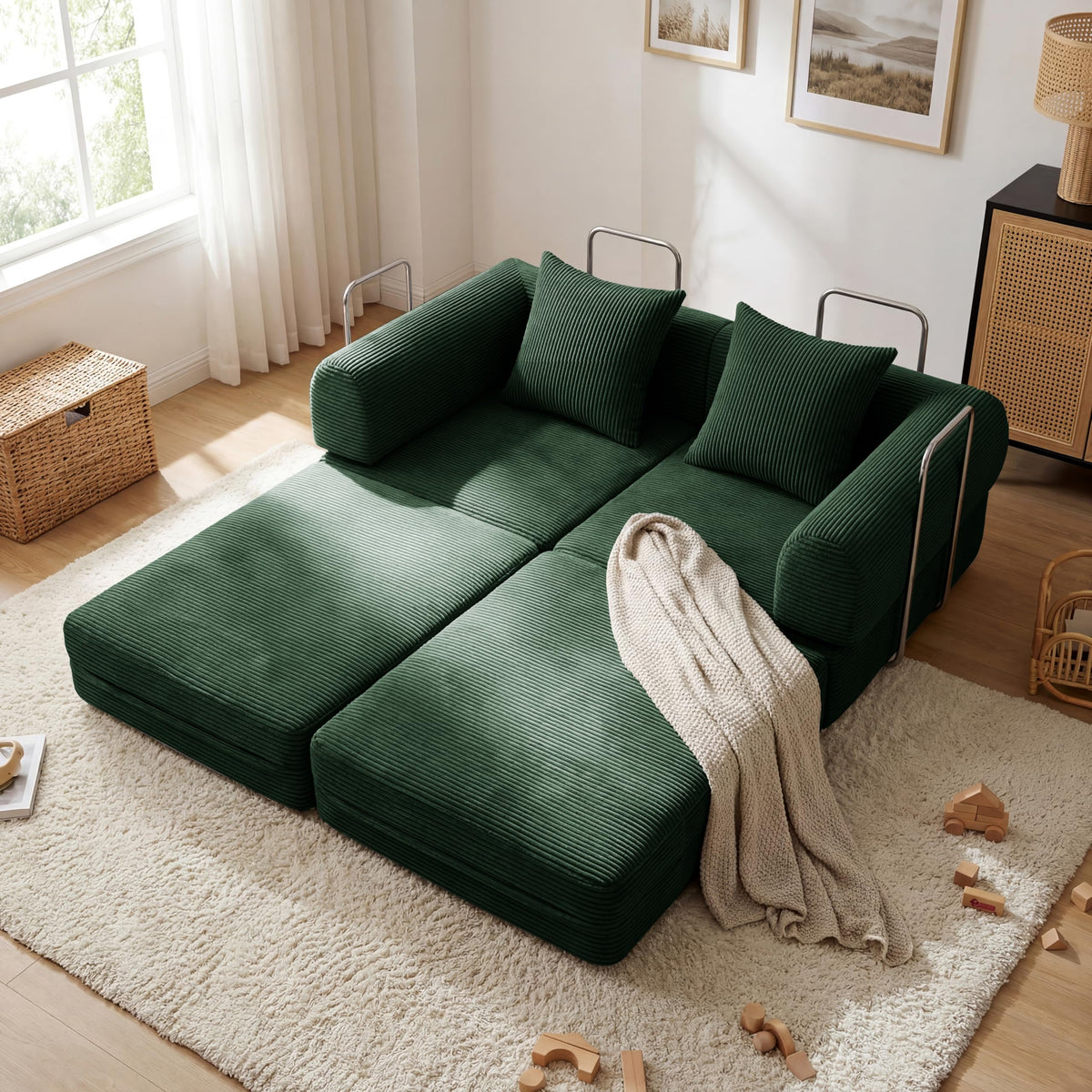 Green Corduroy Convertible Sofa Bed with 2 Pillows W79545