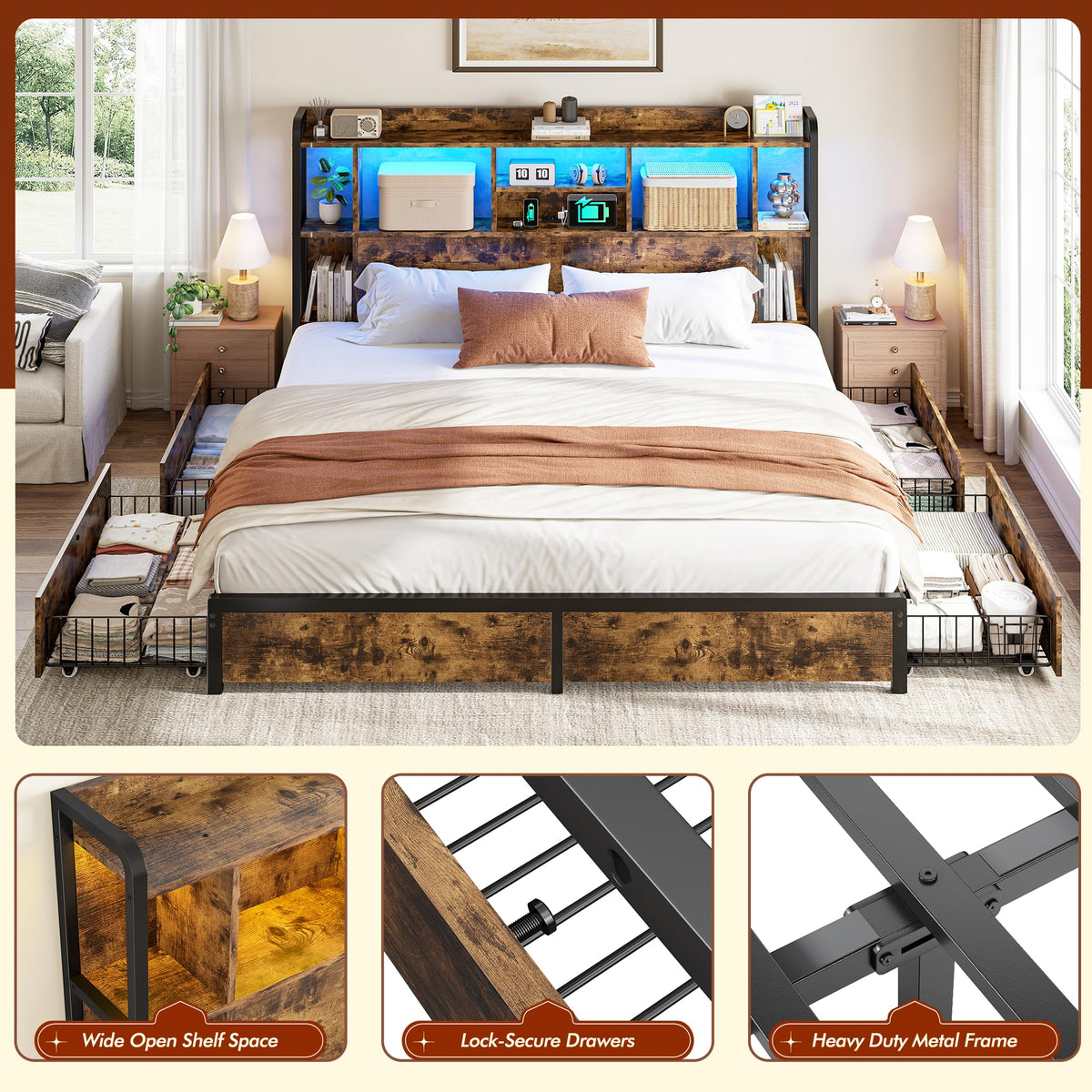 King Size Bed Frame with Storage Headboard & 4 Drawers F406