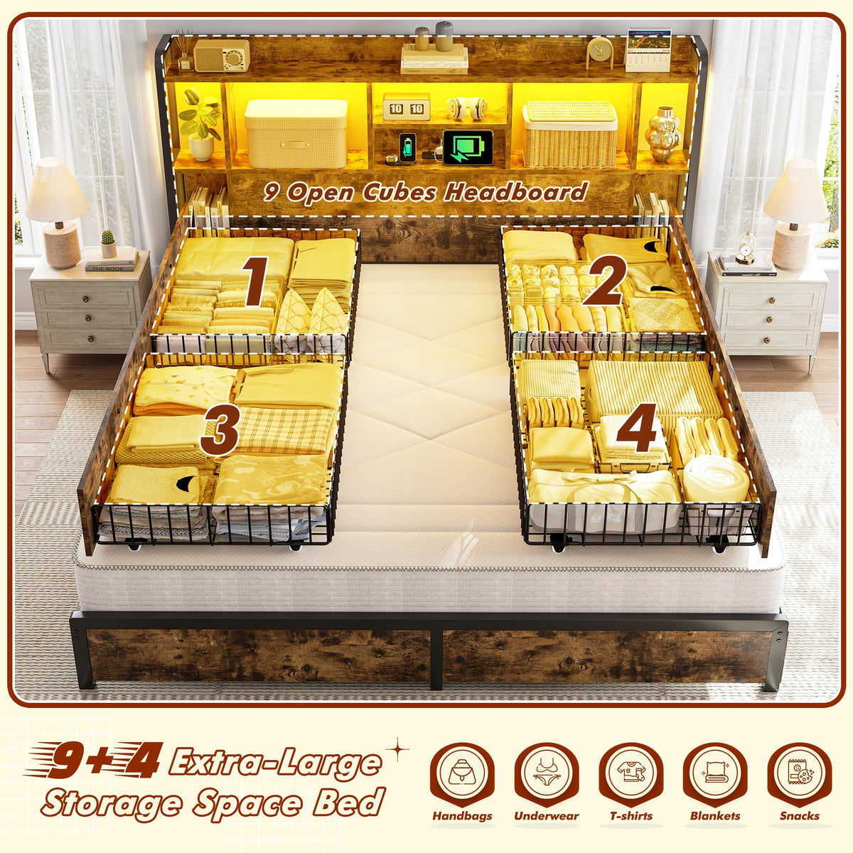 King Size Bed Frame with Storage Headboard & 4 Drawers F406