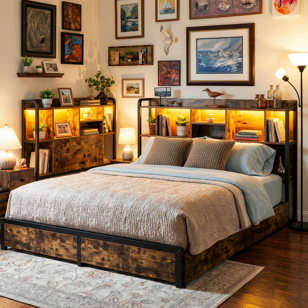 King Size Bed Frame with Storage Headboard & 4 Drawers F406