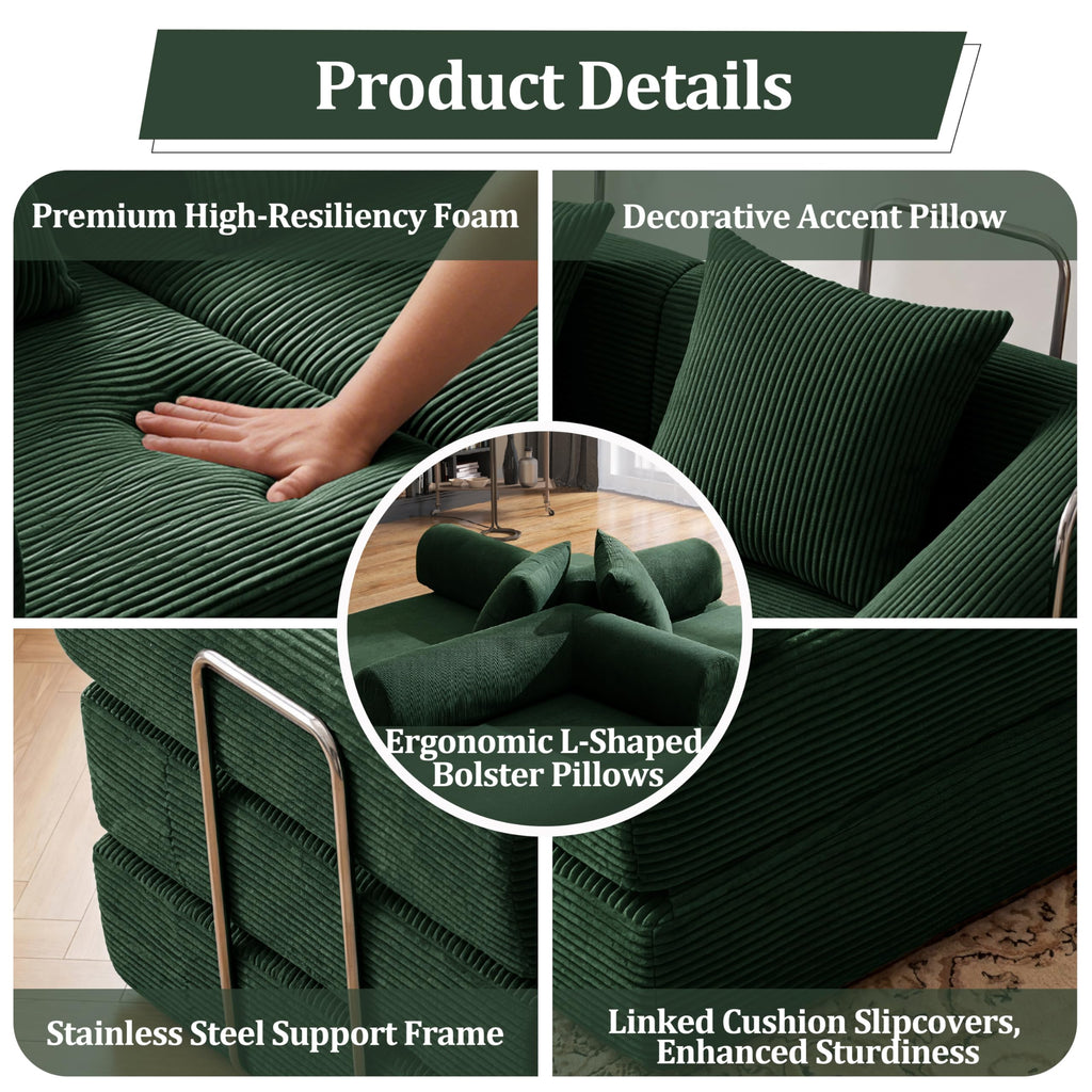 Green Corduroy Convertible Sofa Bed with 2 Pillows W79545