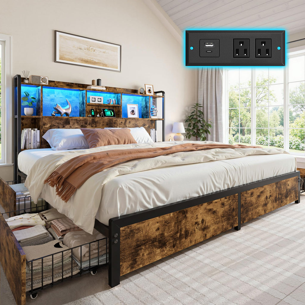 King Size Bed Frame with Storage Headboard & 4 Drawers F406
