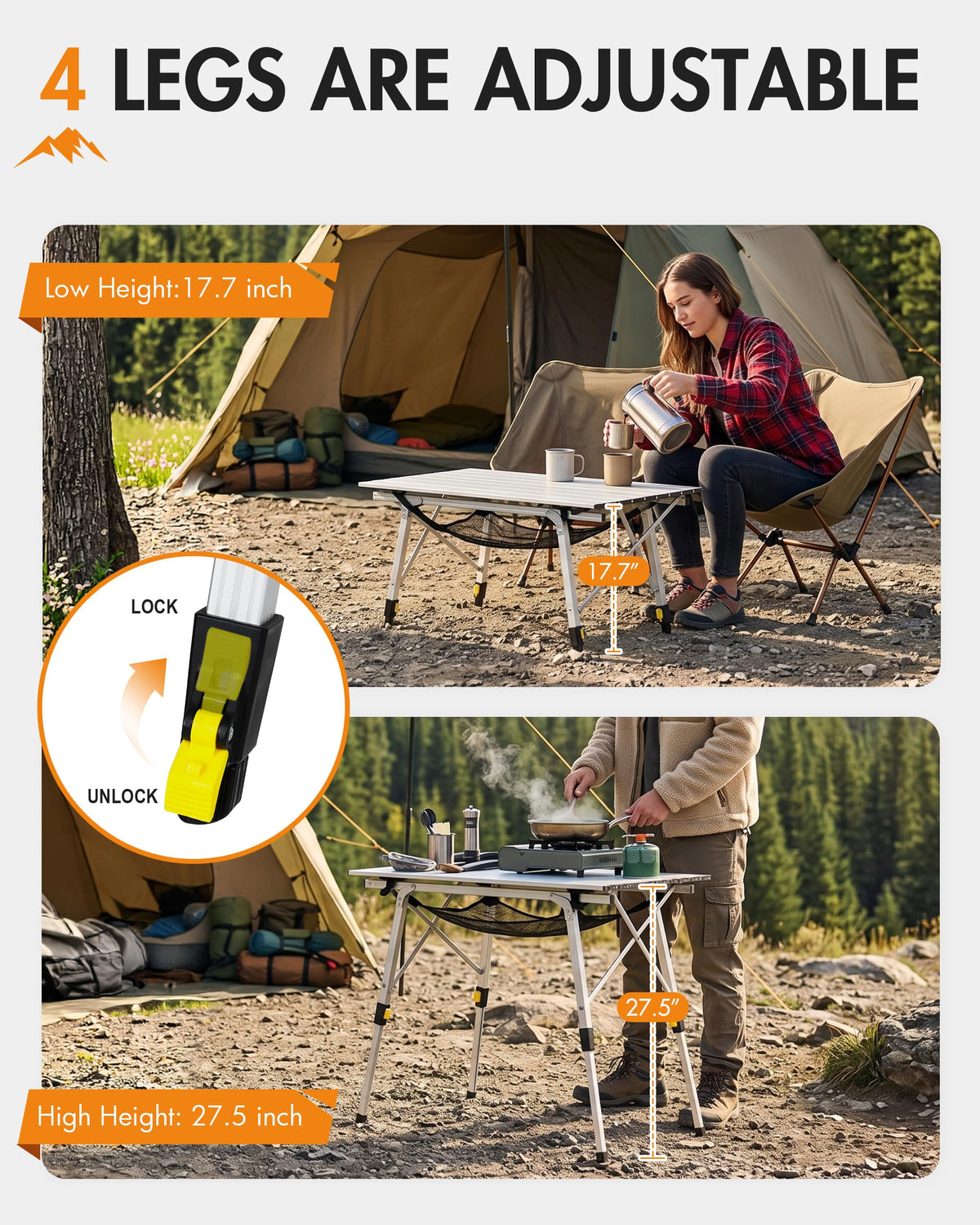 Folding Portable Camping Table with Adjustable Height Aluminum Roll Up Top B49761