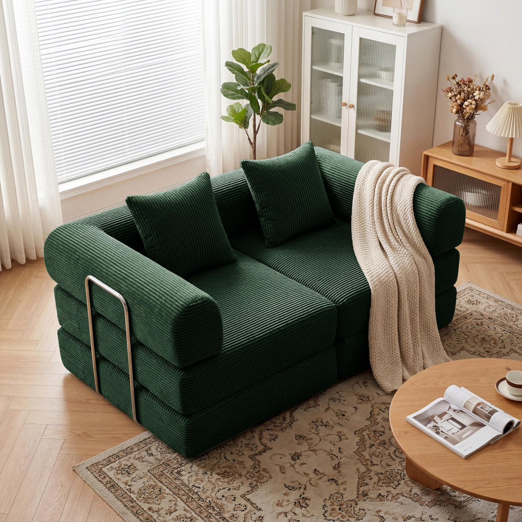 Green Corduroy Convertible Sofa Bed with 2 Pillows W79545