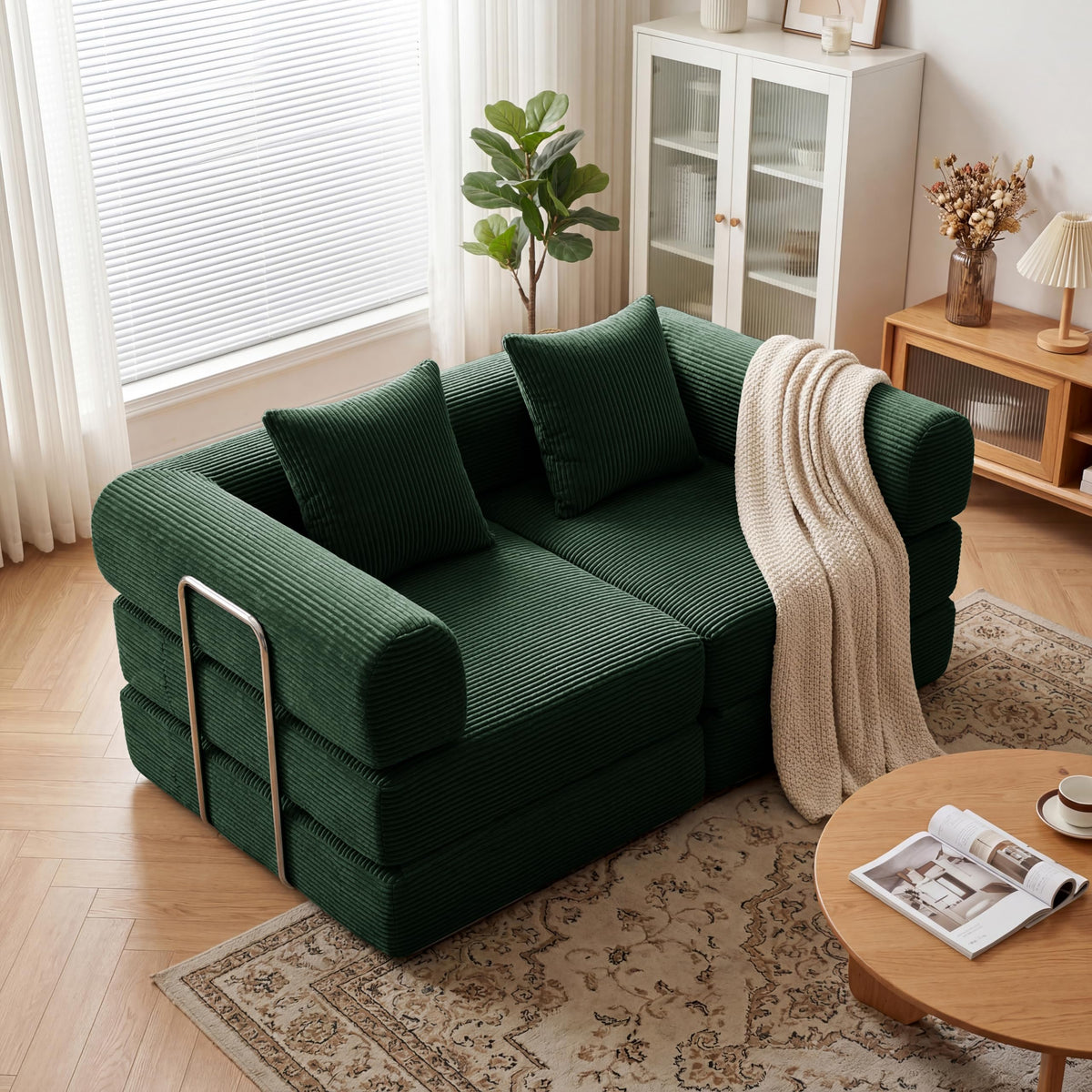 Green Corduroy Convertible Sofa Bed with 2 Pillows W79545